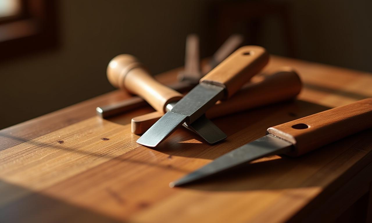 伝統的な木工道具と磨き上げられた木材のクローズアップ