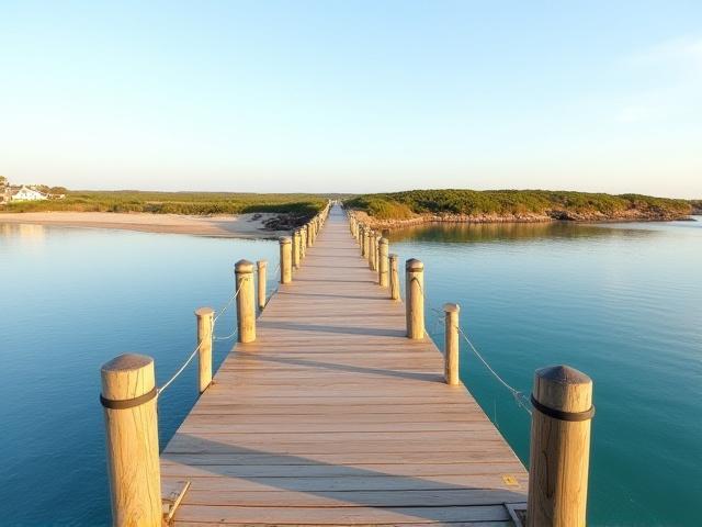 穏やかな水辺に建つ美しい木製桟橋