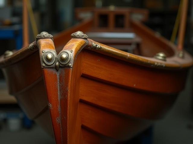 入念に修復されたアンティークボートの船首